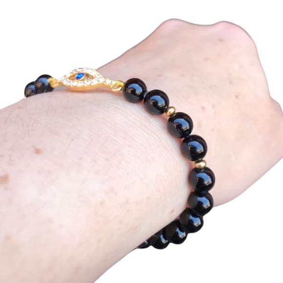 Evil Eye black agate Beaded stretch Bracelet - Picture 6 of 16
